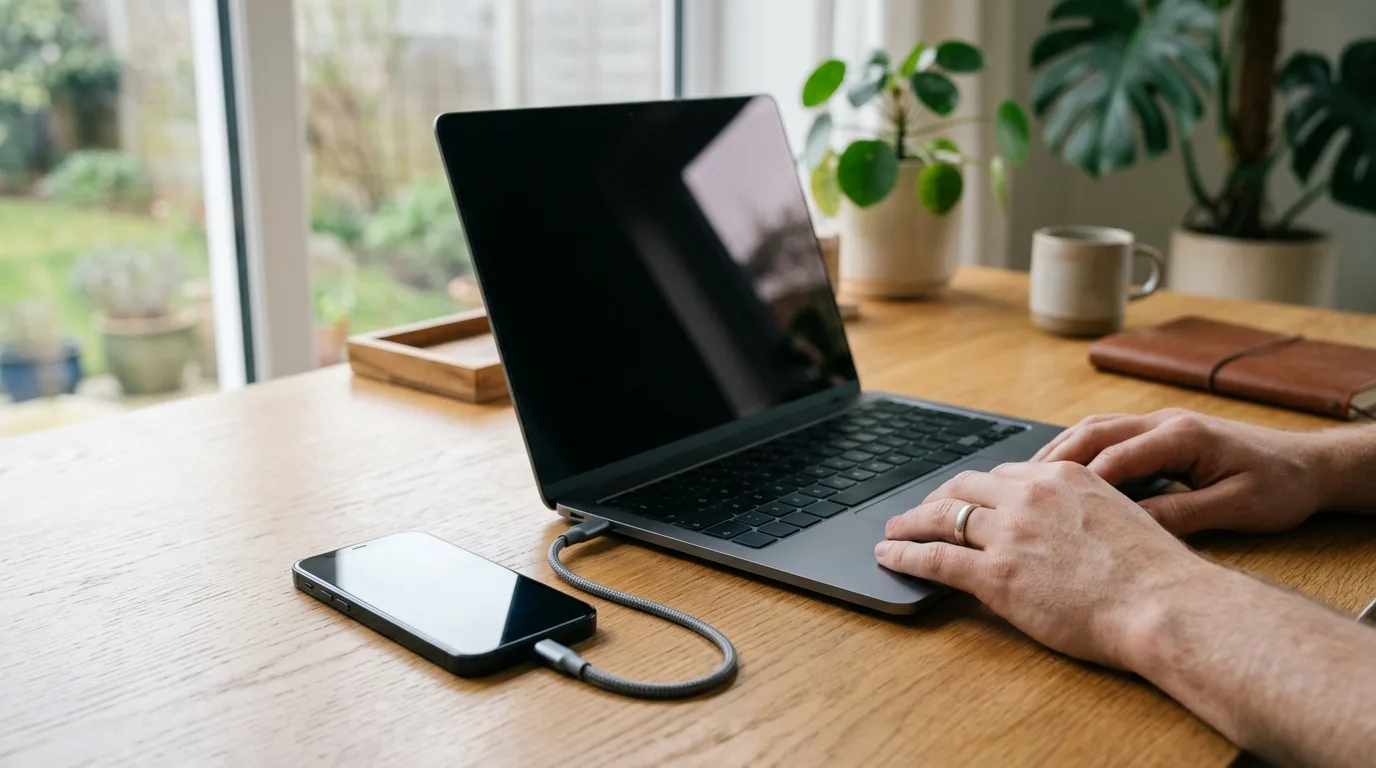 A smartphone connected to a laptop with a data cable on a home office desk for data backup