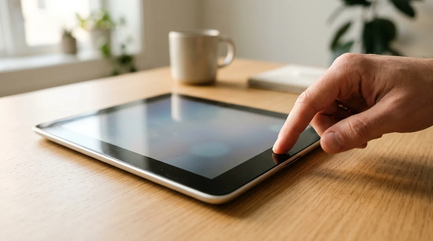 A person gently pressing the circular physical Home button on an unbranded tablet resting on a clean wooden desk
