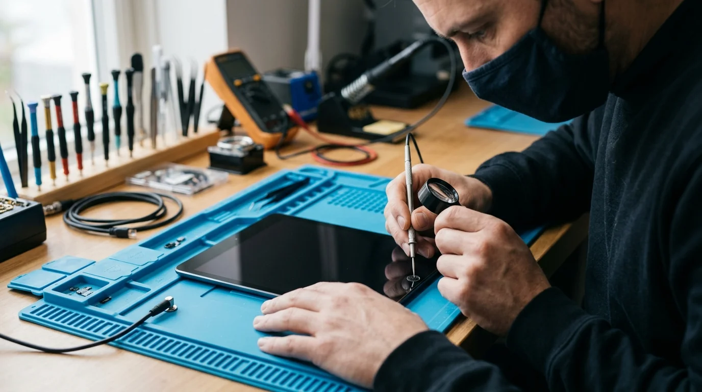 A professional repair technician carefully inspecting the exterior Home button area of an unbranded tablet on an ESD-safe workbench