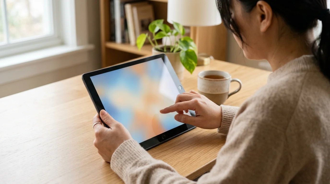 An adult using an unbranded tablet at a clean workspace with a visible circular physical Home button