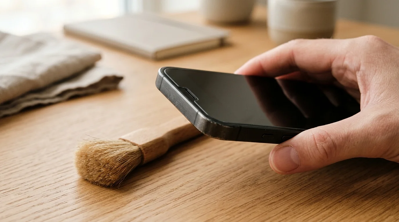 A close macro view of an unbranded smartphone top earpiece opening with a soft clean dry brush resting nearby