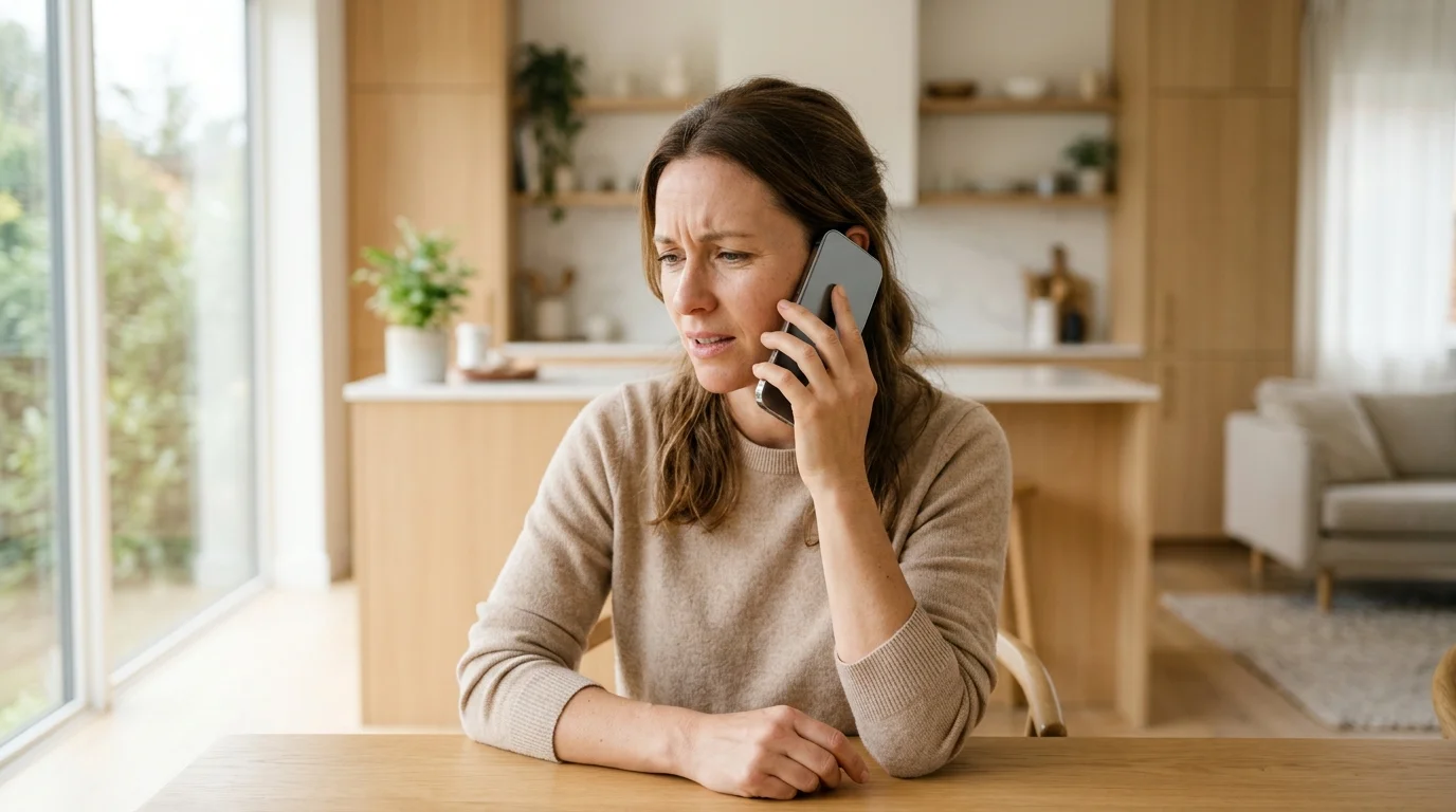 An adult holding a modern smartphone to their ear during a phone call with an expression of difficulty hearing