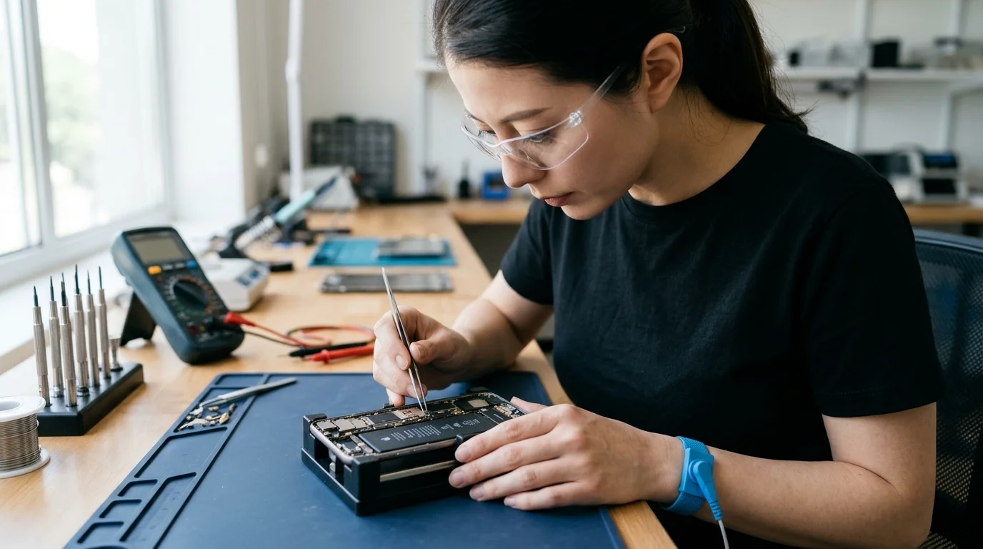 A technician wearing safety glasses examining an open smartphone on an anti-static workbench using precision tweezers