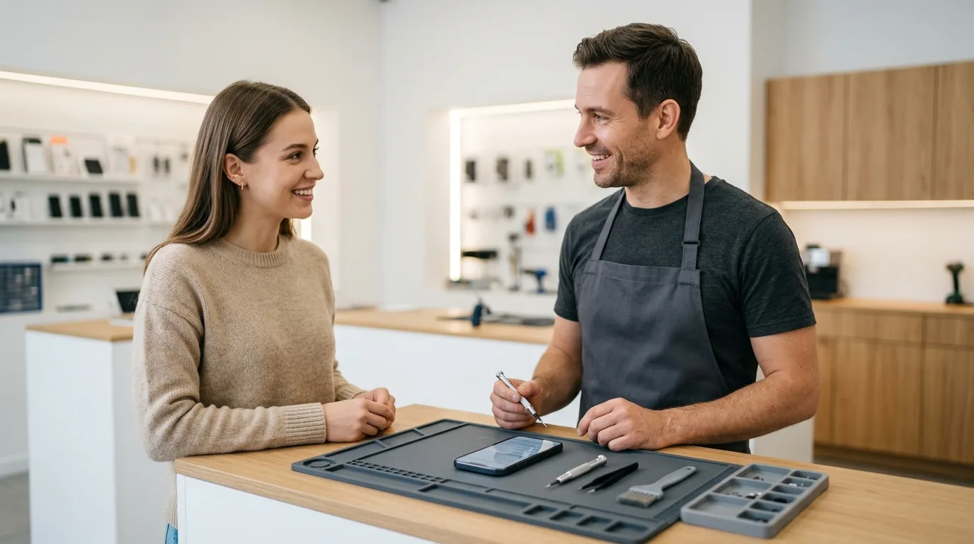 A customer and professional repair technician discussing smartphone repair options across a service counter