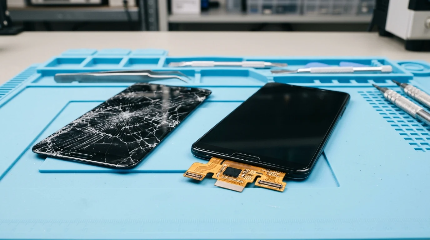 A damaged smartphone display panel resting beside a brand-new screen assembly with flex ribbon cables on a blue repair mat