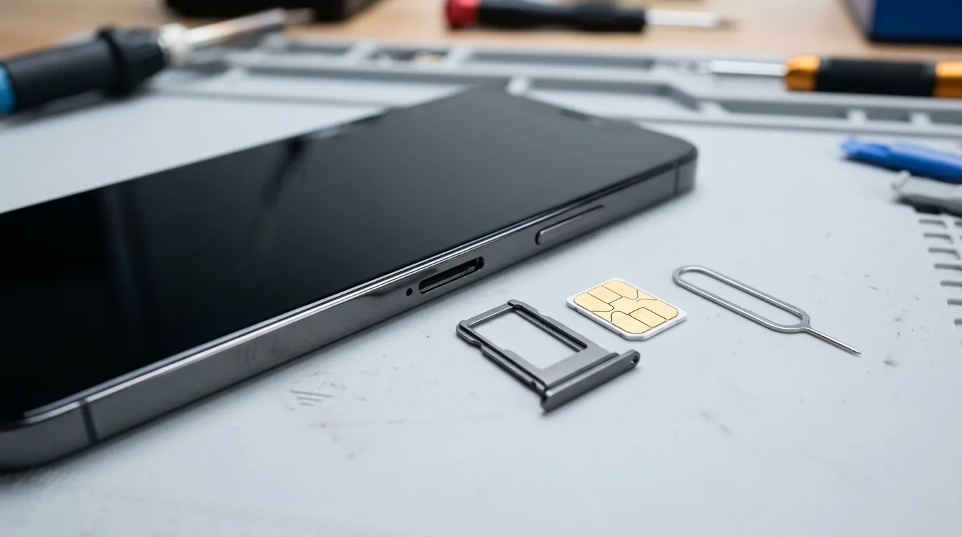 An open smartphone with an ejected SIM card tray, a nano-SIM card, and an ejector tool on a clean technician repair mat