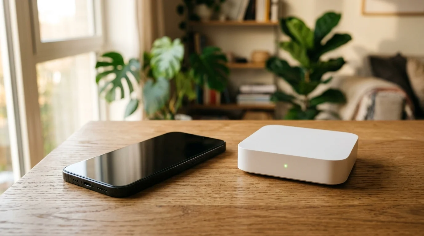A modern smartphone resting on a wooden desk beside a white wireless Wi-Fi router