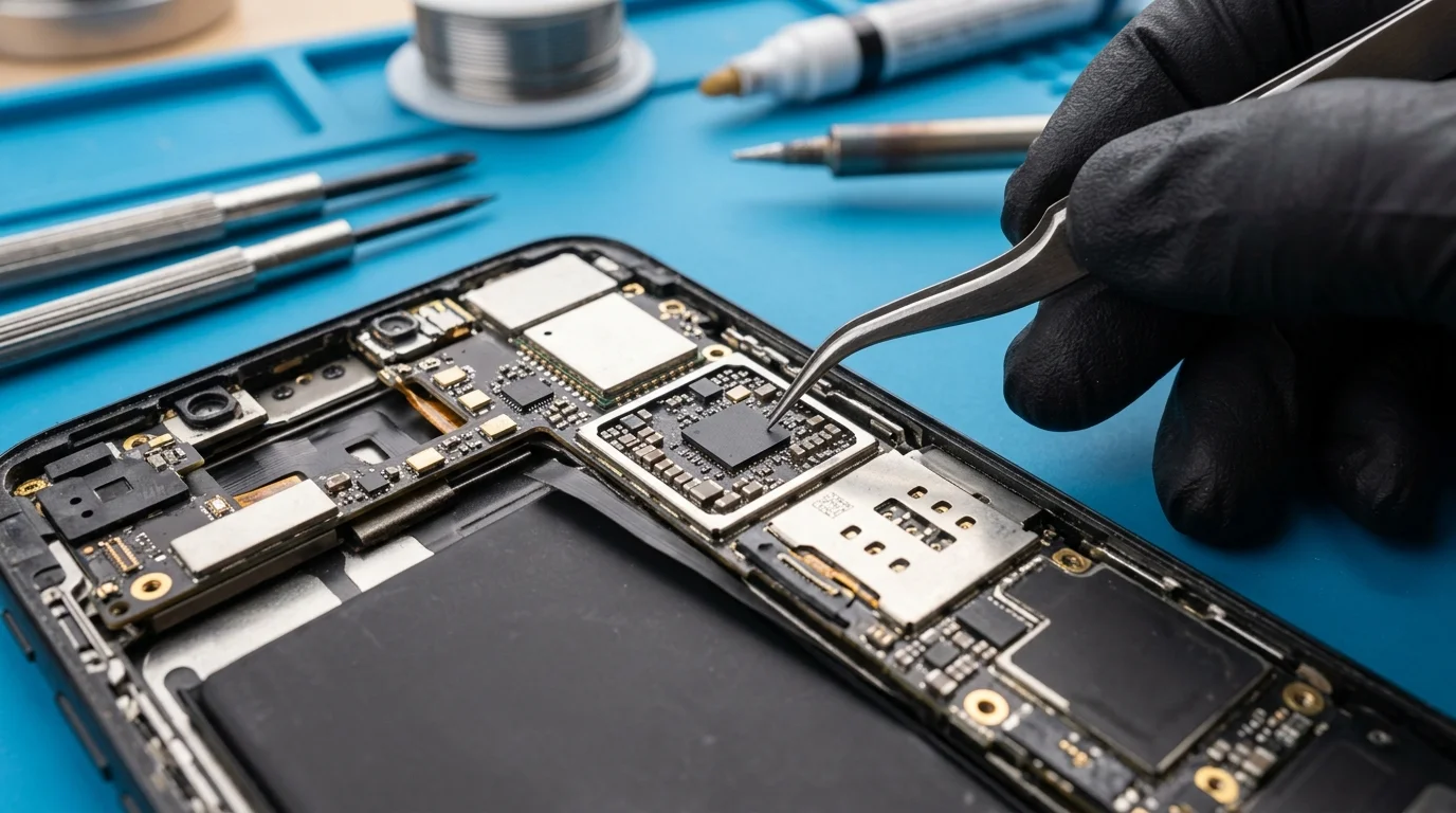 A technician in black anti-static gloves using curved ESD tweezers to inspect a microchip on an open smartphone logic board