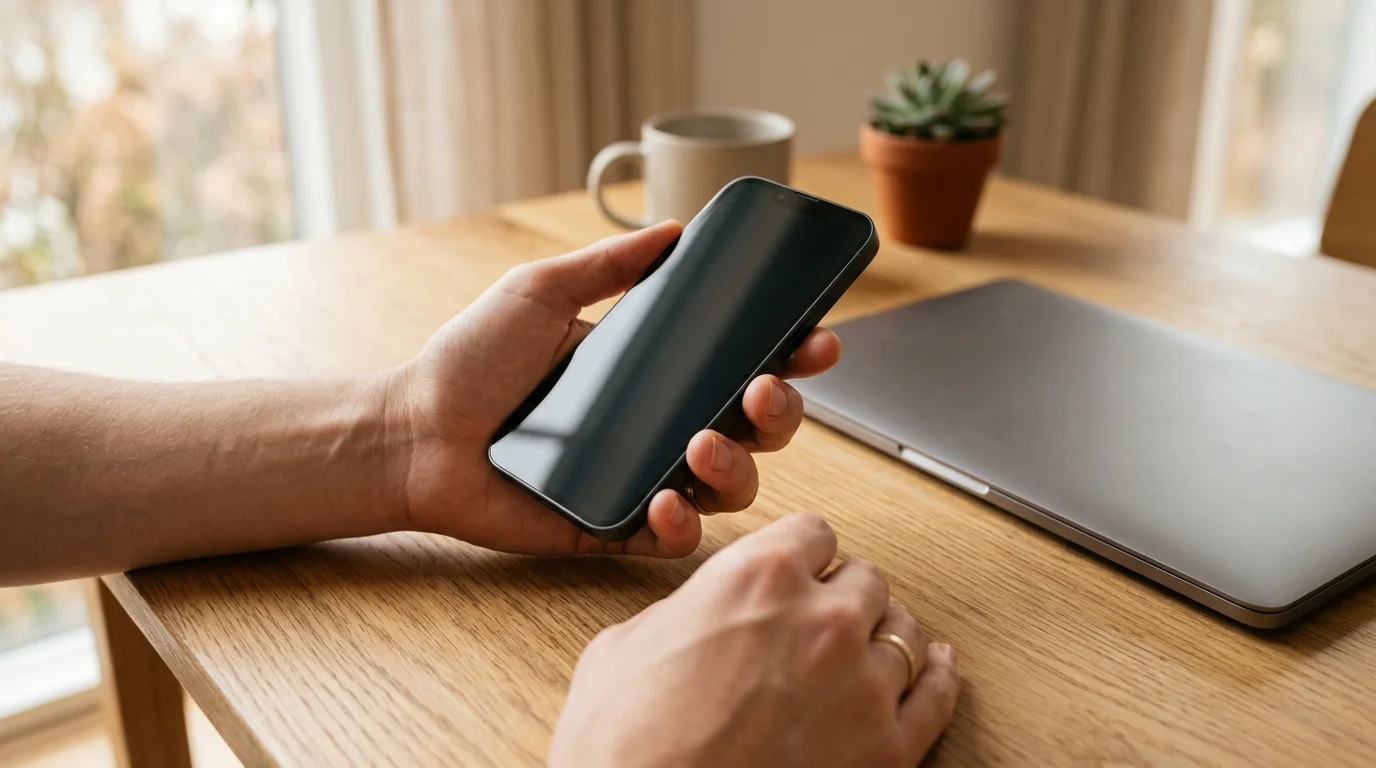 A person holding a modern smartphone over a wooden desk beside a laptop during software troubleshooting