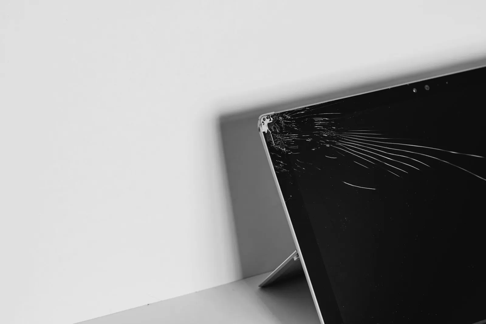 A laptop with a cracked screen standing on a white table