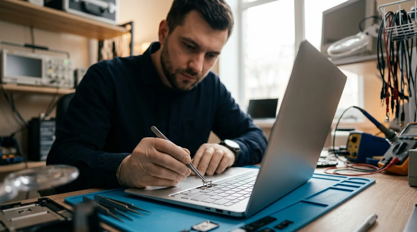 A professional repair technician carefully inspecting a modern laptop keyboard at an organized ESD-safe workstation