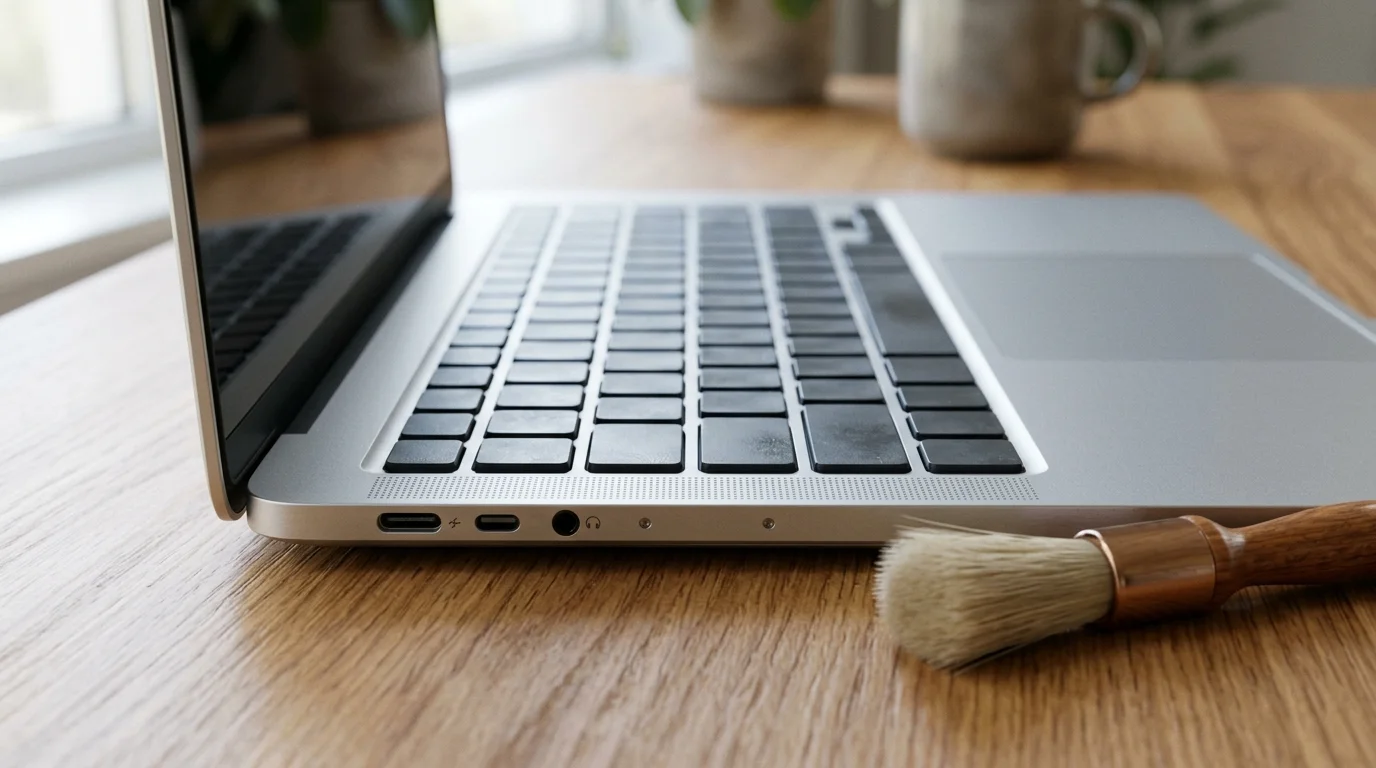 A close macro view of the edge of a clean laptop keyboard with a soft brush resting nearby for safe inspection