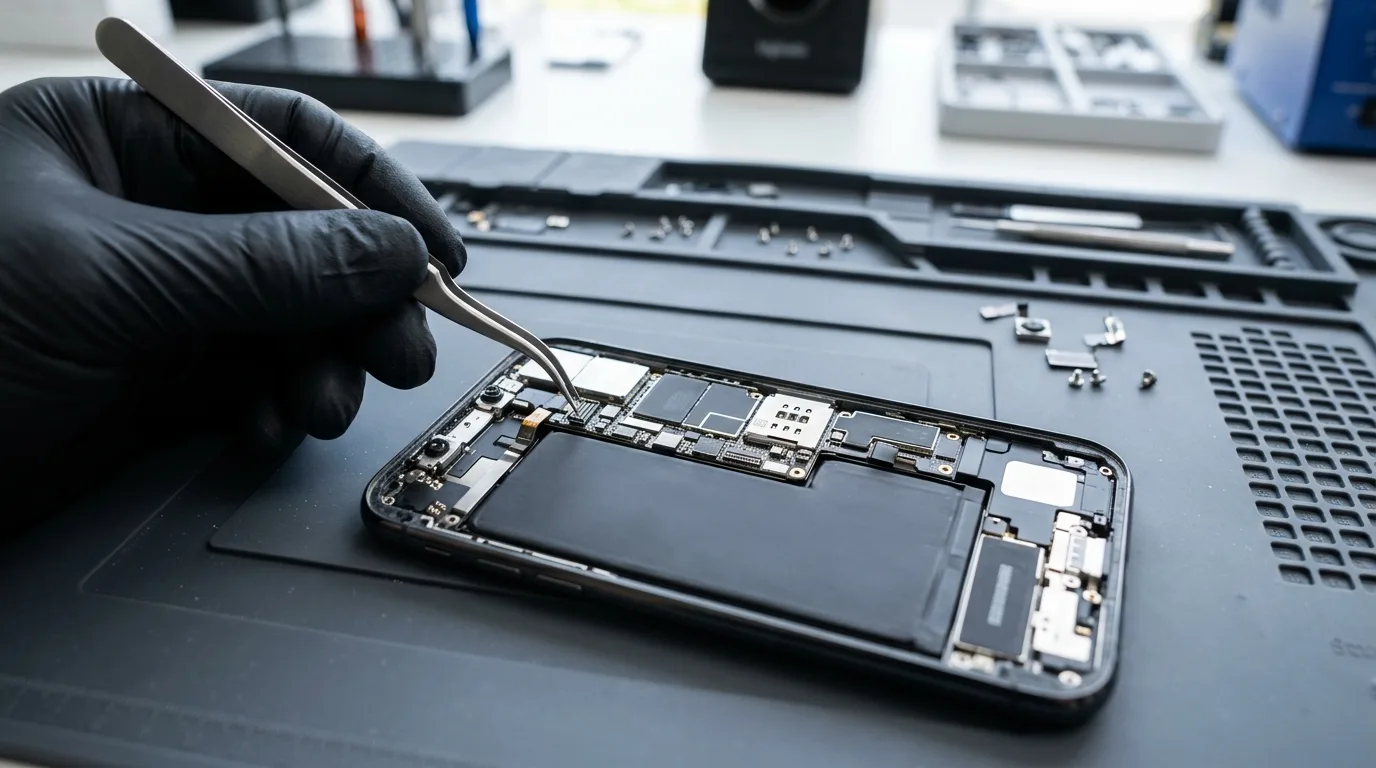 A repair technician wearing black gloves using precision tweezers to inspect internal antenna connections and logic board components inside an open smartphone