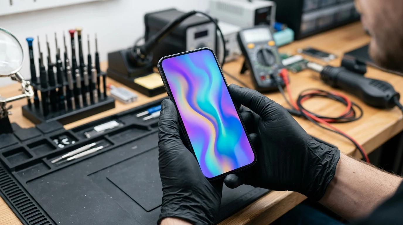 A technician wearing black gloves inspecting a newly repaired smartphone with an illuminated display above an organized repair workbench