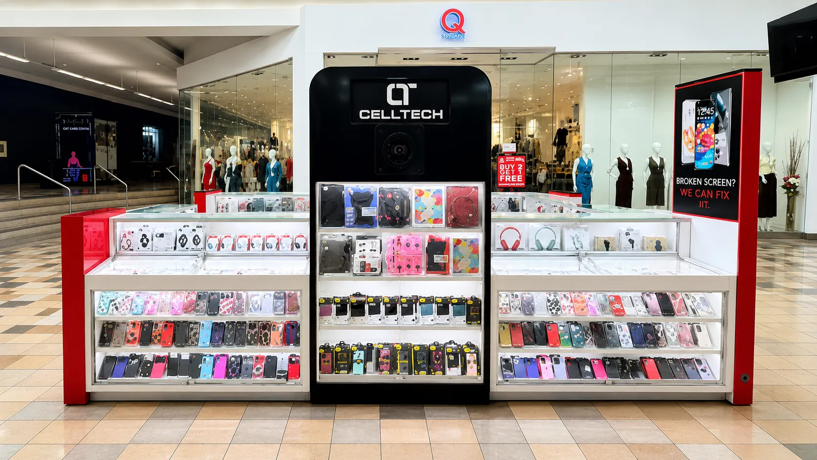 The CELLTECH kiosk at North East Mall in Hurst, phone cases and headphones filling its lit display cabinets