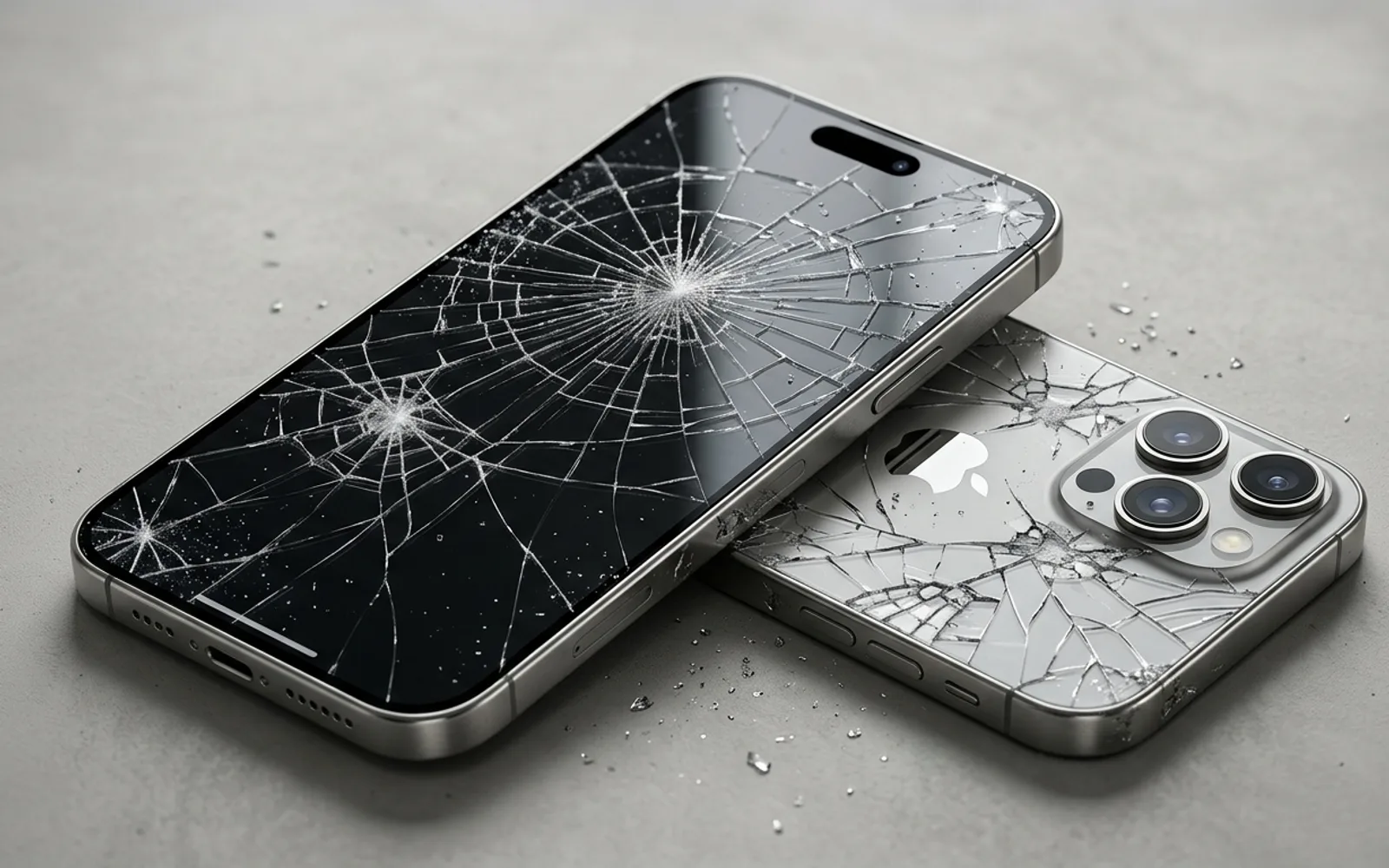 An iPhone with a shattered rear glass panel resting against another cracked phone