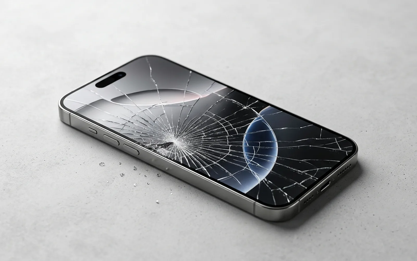 An iPhone lying on a grey surface with a badly cracked display