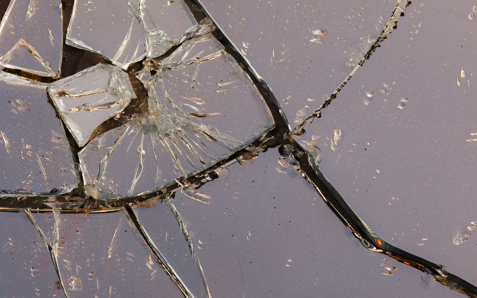 Close-up of cracked glass, the fractures running out in sharp edged shards