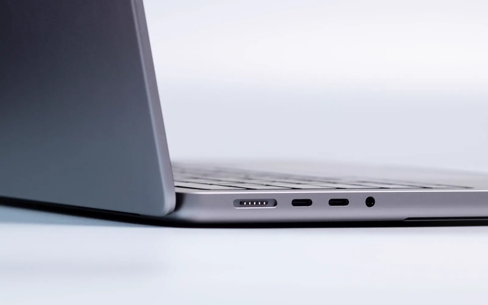 A close-up of the ports along the side of a modern laptop