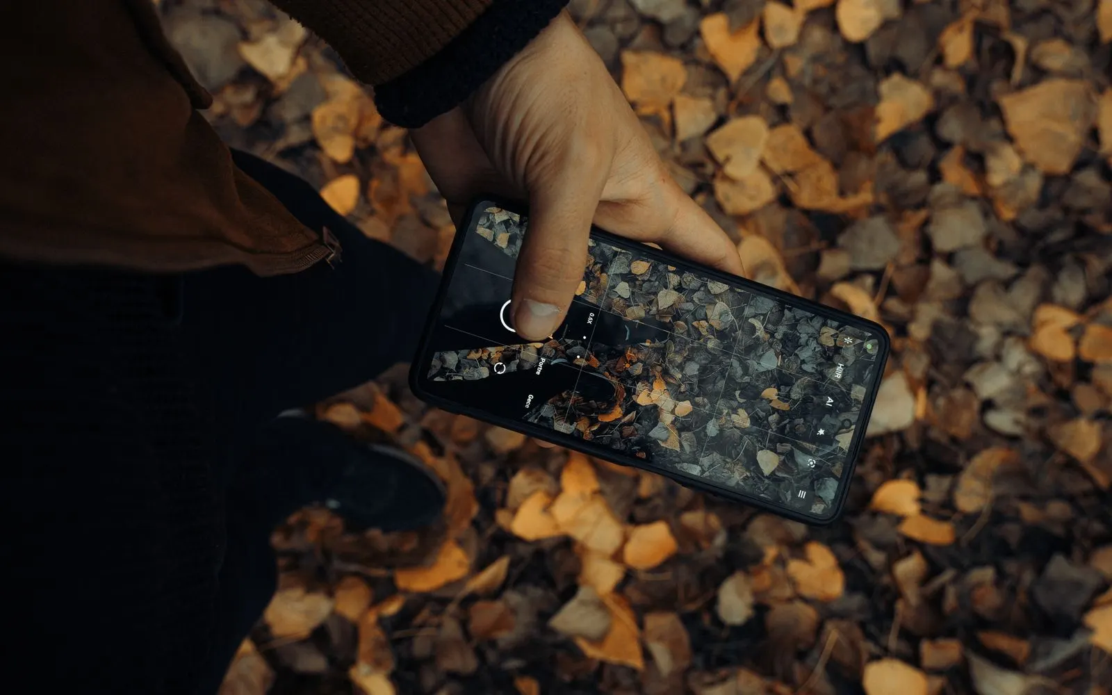 A hand holding a smartphone with a shattered screen over fallen leaves