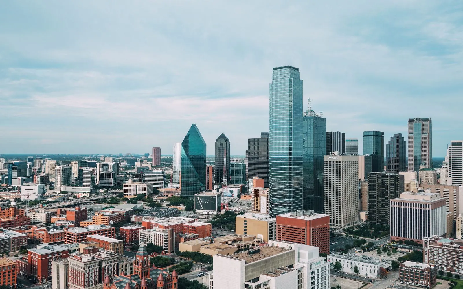 The downtown Dallas skyline seen from above on an overcast day