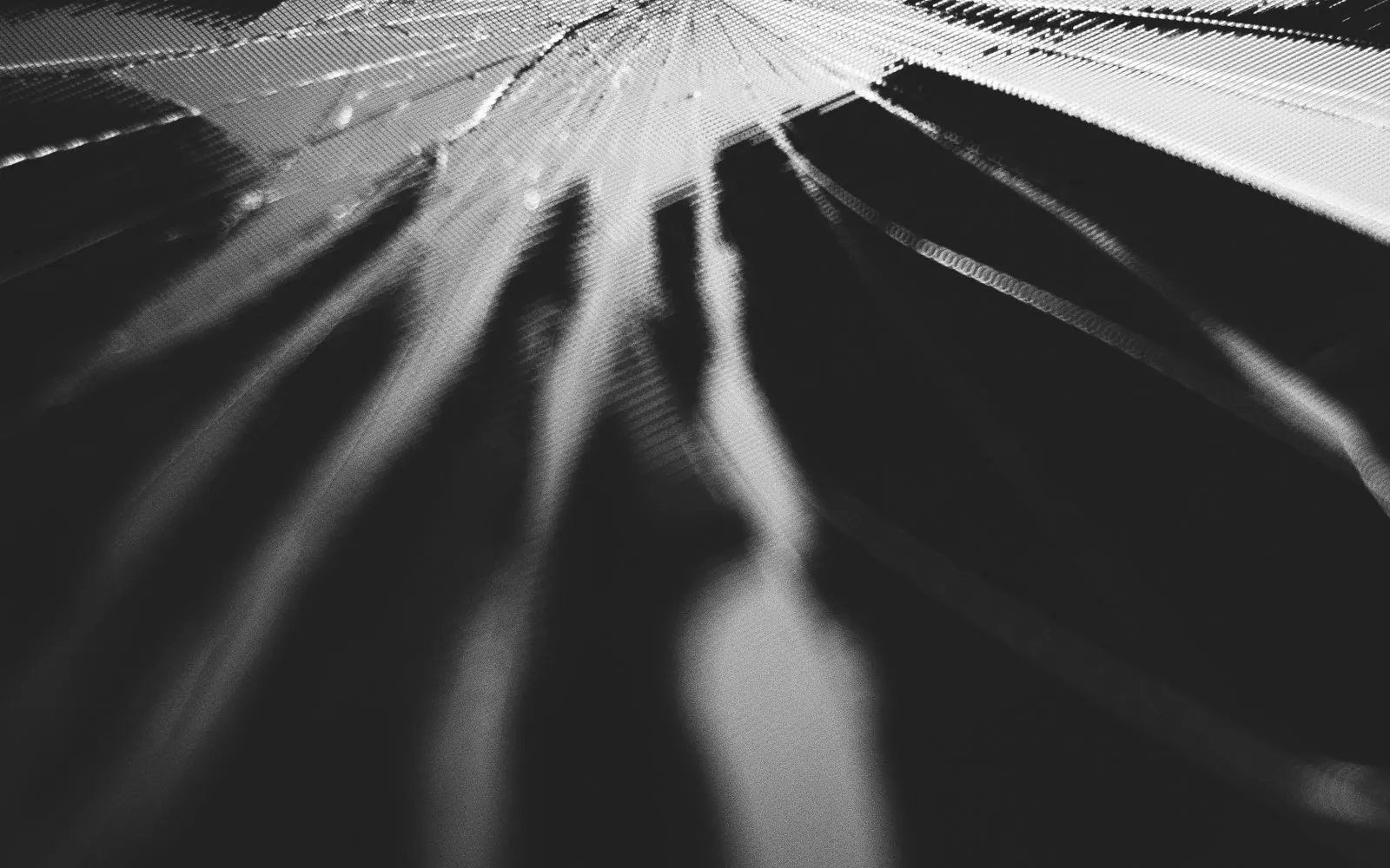 Black and white close-up of cracks running across a sheet of dark glass