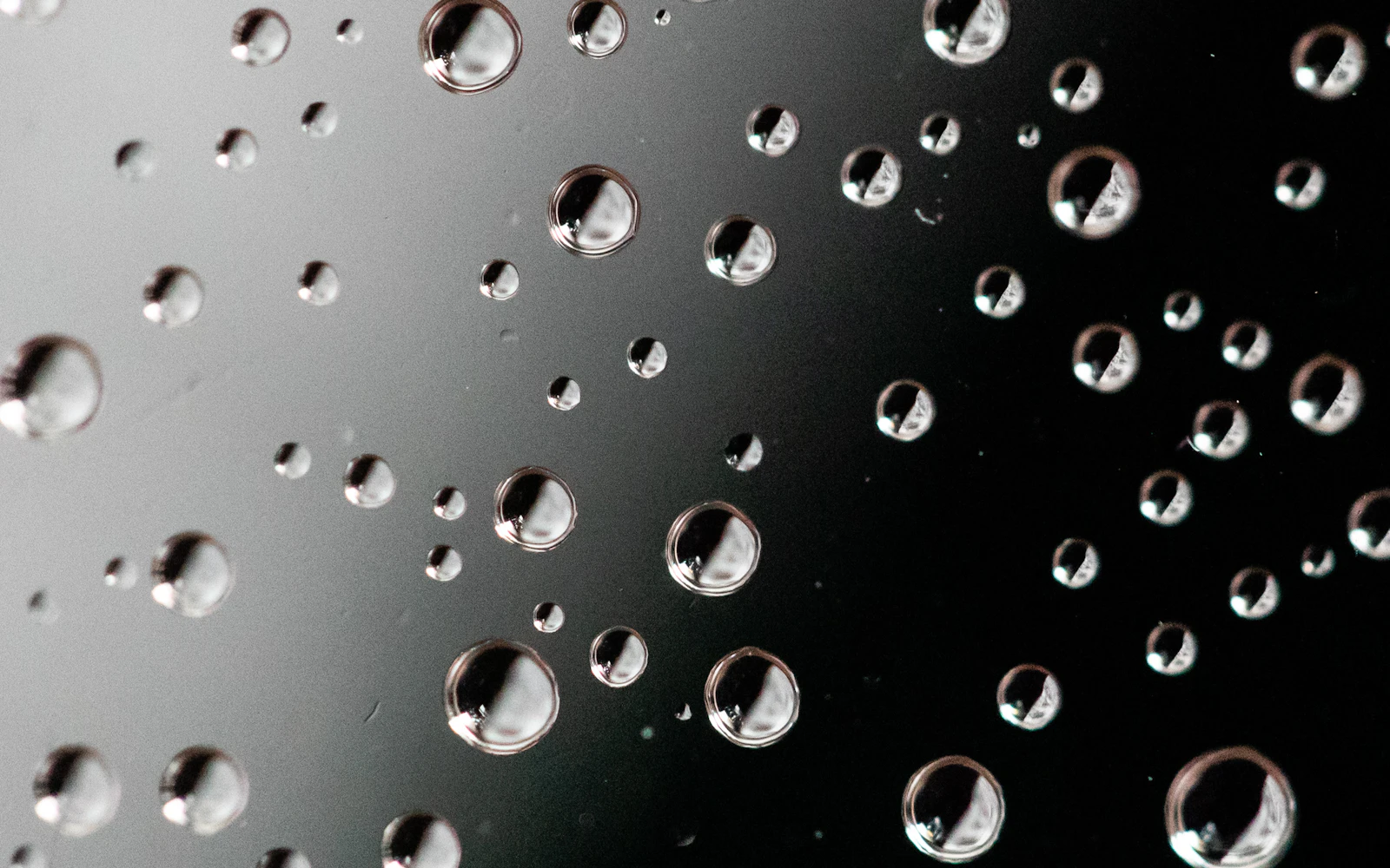 Beads of water sitting on a dark glass surface