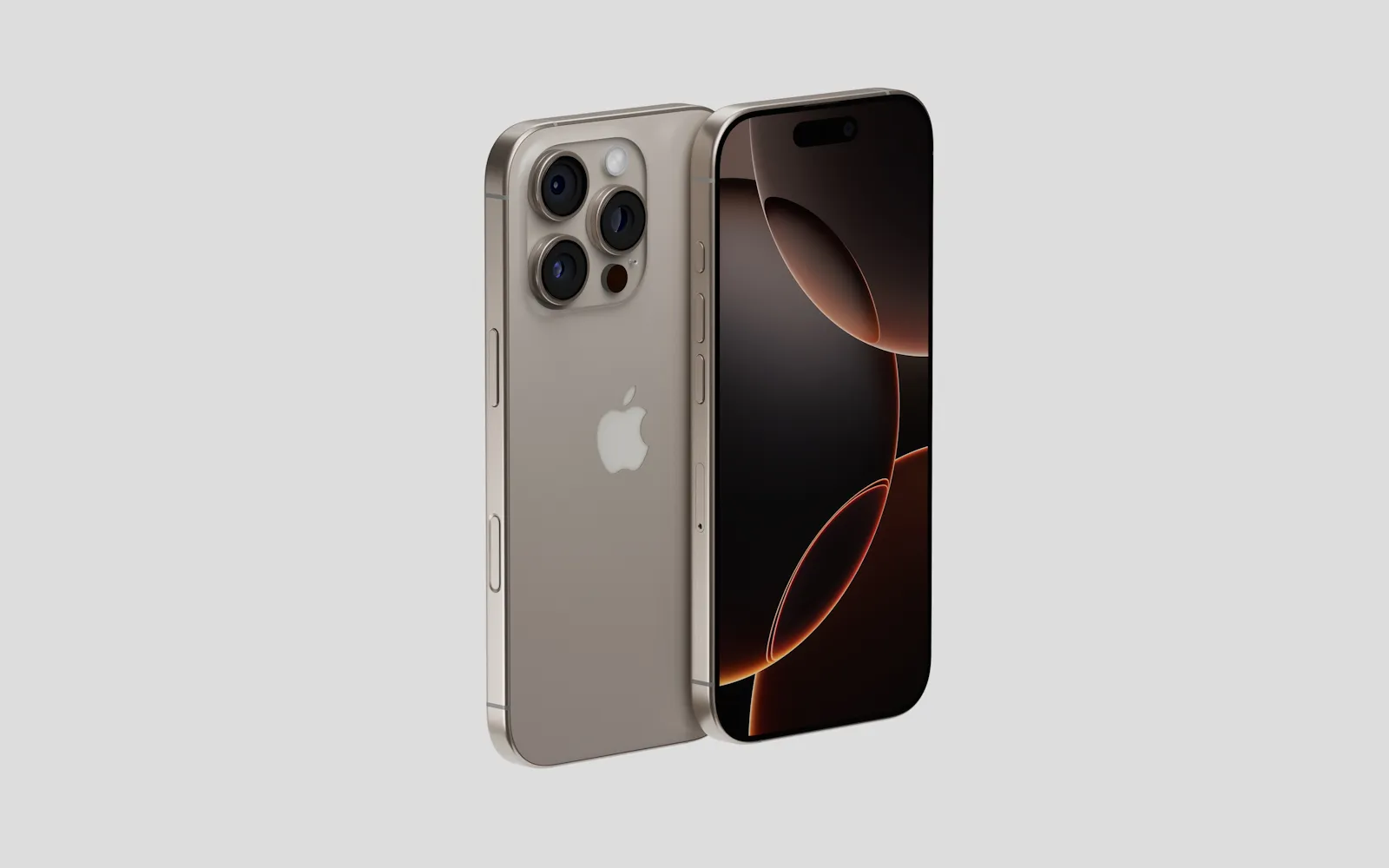 A natural titanium iPhone Pro shown from the back and the front against a plain grey backdrop