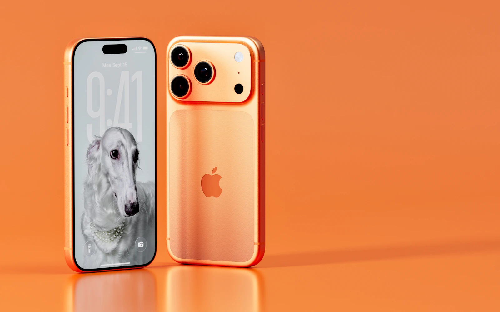 An iPhone shown from the front and the back, side by side on an orange background