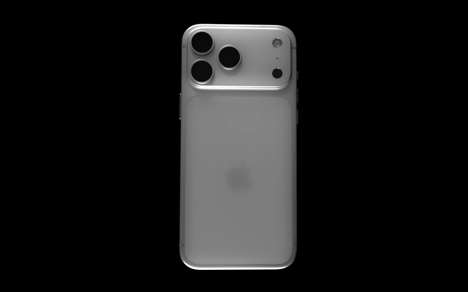 The back of a silver iPhone Pro with its triple camera plateau, standing upright against a black background
